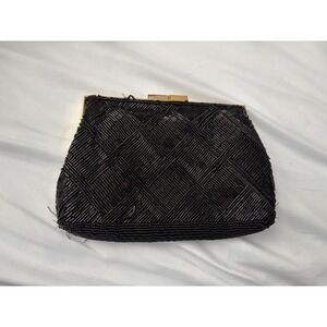 Vintage Marshall Fields Black Beaded Clutch Hand Made Evening Bag Gold Chain